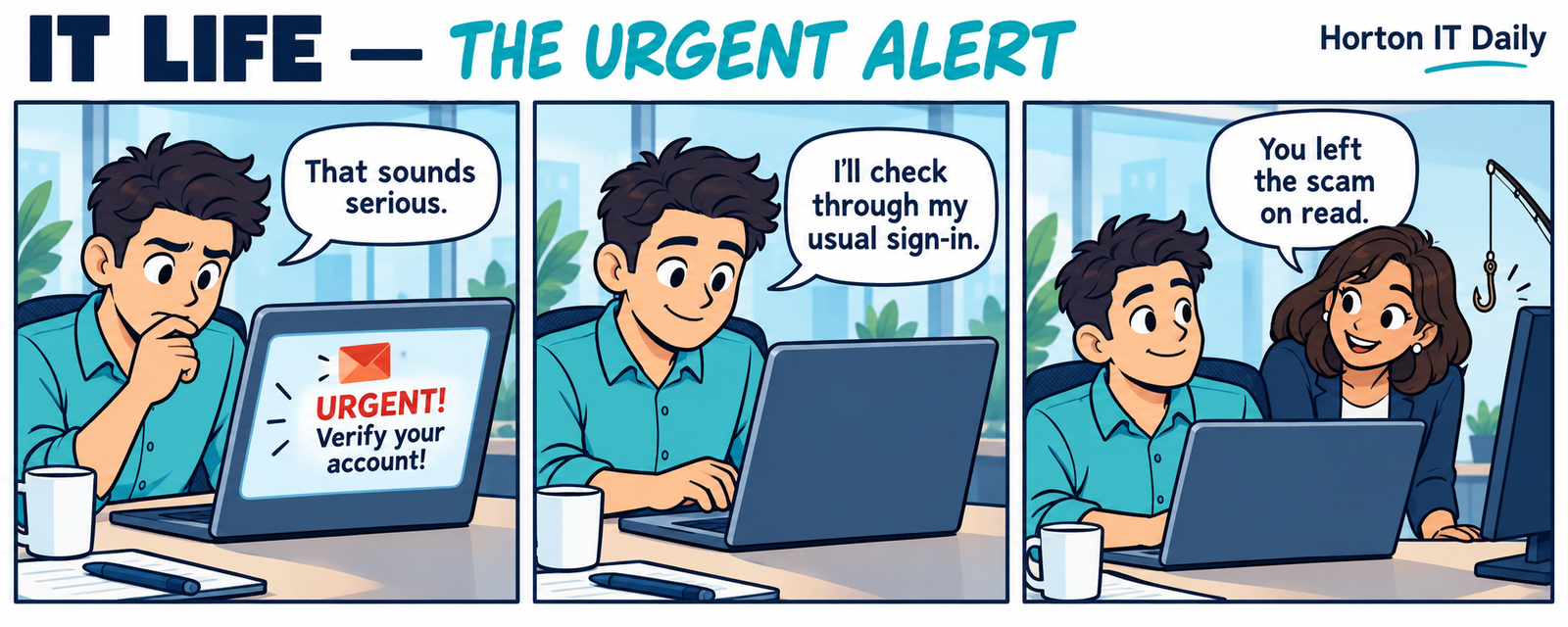 Three-panel IT Life comic: a worker checks an urgent account warning through his usual sign-in and leaves the phishing scam unanswered.