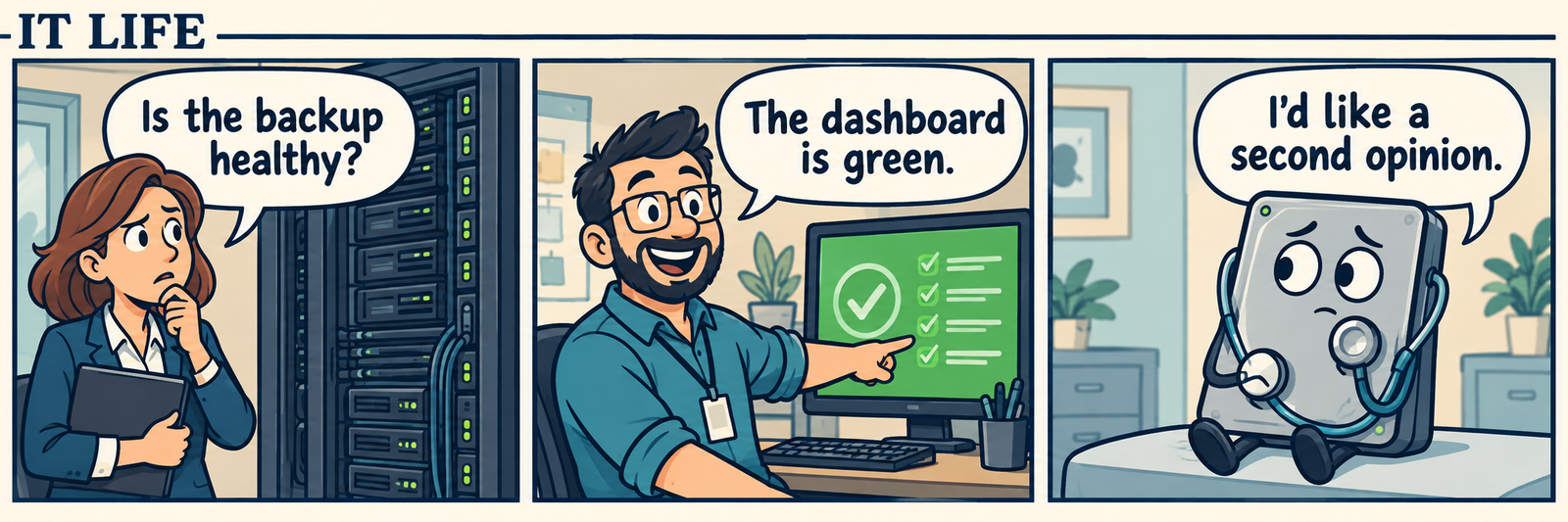 Three-panel comic: A manager asks, Is the backup healthy? An administrator answers, The dashboard is green. A backup drive replies, I'd like a second opinion.