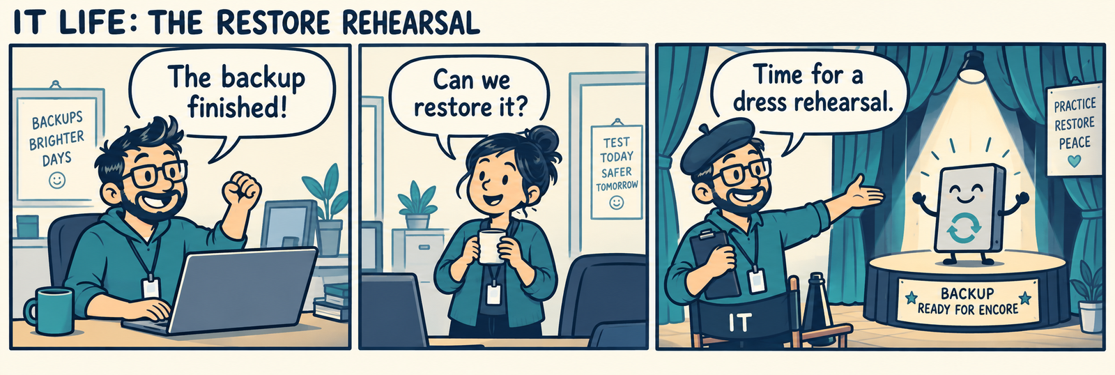 IT Life: an administrator celebrates a completed backup, a colleague asks if it restores, and a smiling backup drive performs a dress rehearsal on stage.