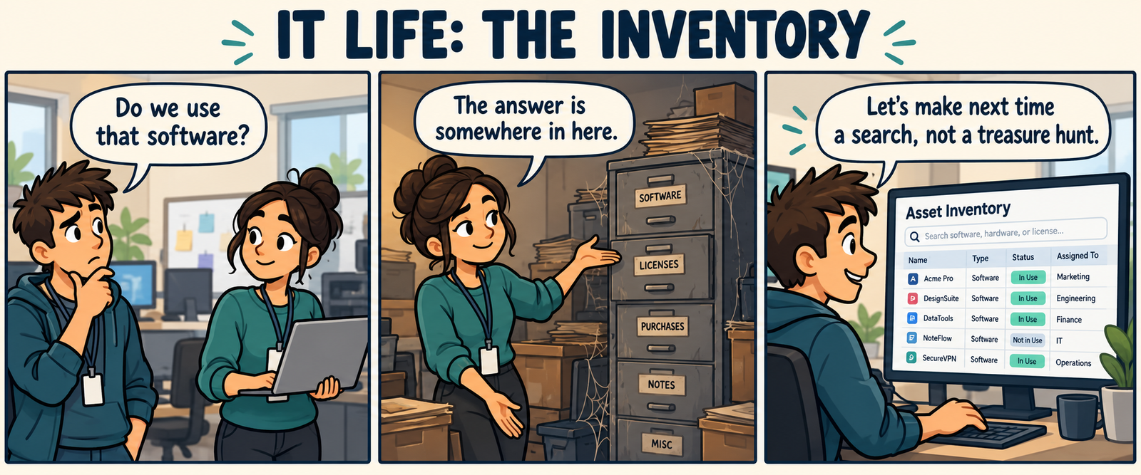 A technician turns an uncertain software inventory into a searchable list.