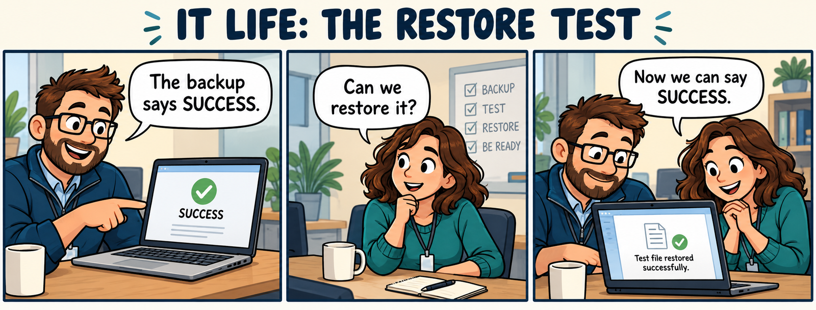 Two technicians verify a backup by restoring a test file. Comic transcript appears in the article.